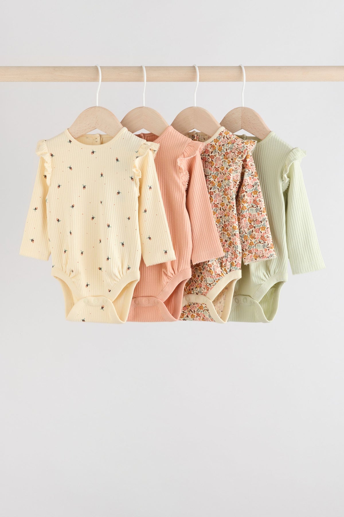 Set 4 body-uri pentru bebeluși cu mânecă lungă și volane – albastru/crem/coral ditsy, NEXT