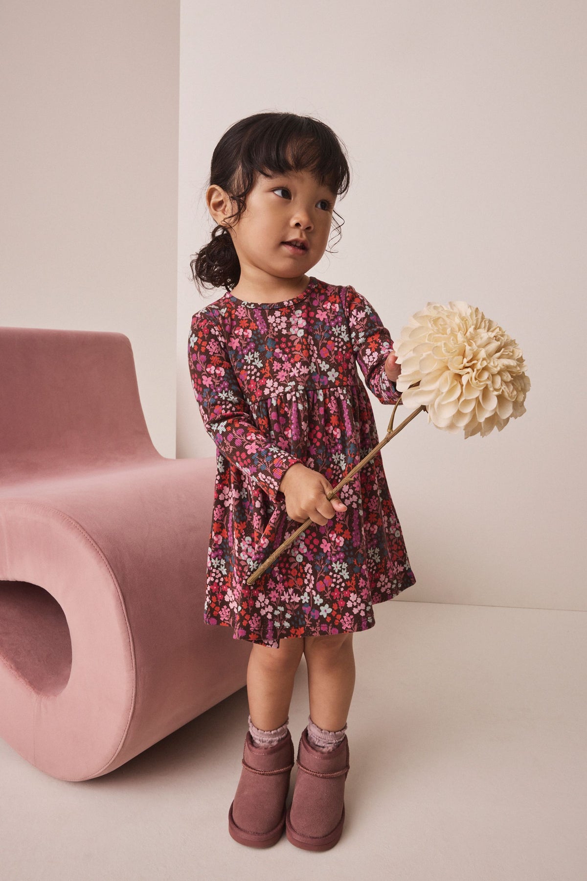 Burgundy Red Ditsy Floral Long Sleeve Ribbed Dress - Burgundy Red, Girls, 3-6 Mths - 6-7 Yrs, NEXT