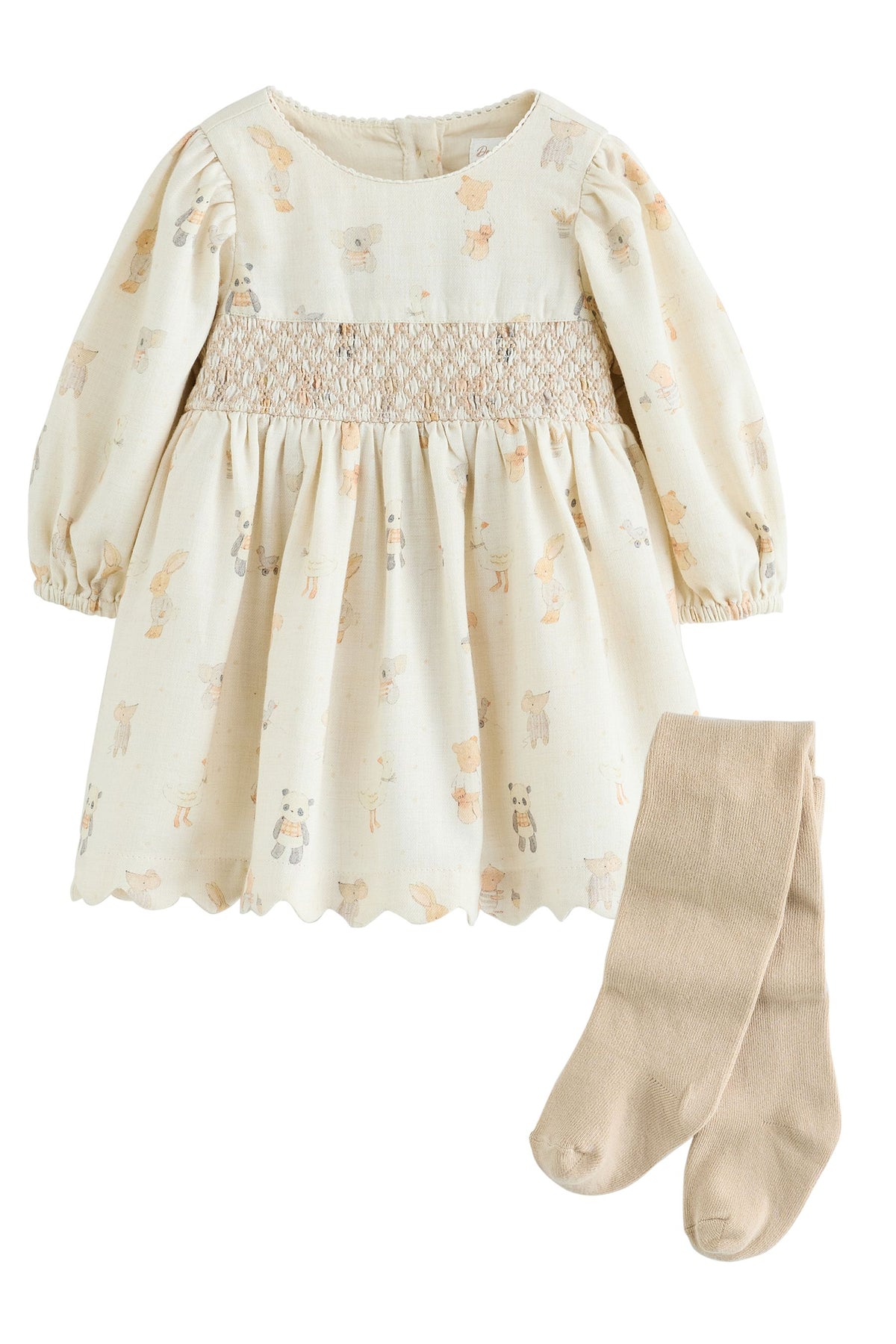 Ecru Animal Baby Smock Dress And Tights Set 2 Piece - Ecru, Newborn, Up To 1Mth - 1.5-2 Yrs, NEXT - imagine 2
