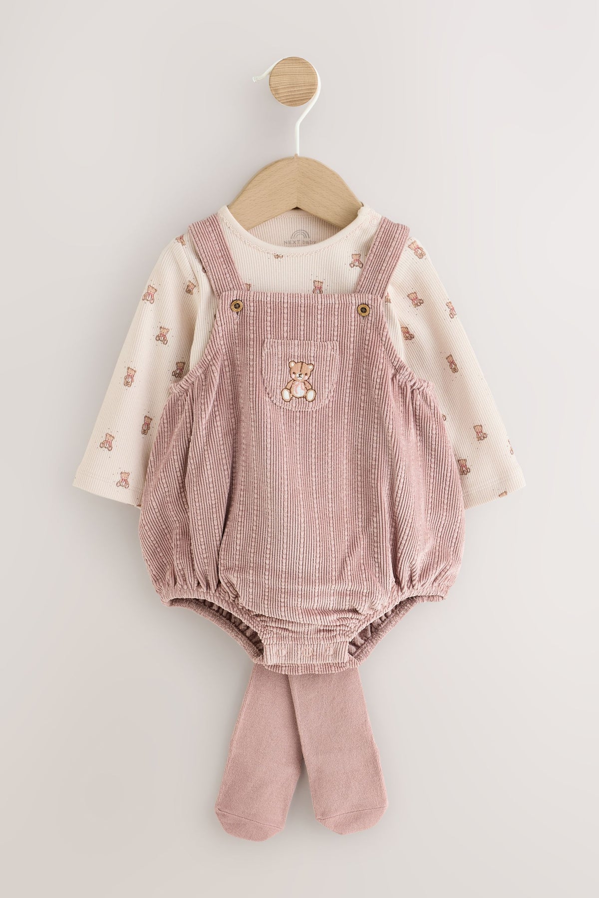 Pink Bear Cord Baby Long Sleeve Bodysuit, Romper And Tights 3 Piece Set - Pink, Newborn, First Size - 1.5-2 Yrs, NEXT - imagine 3
