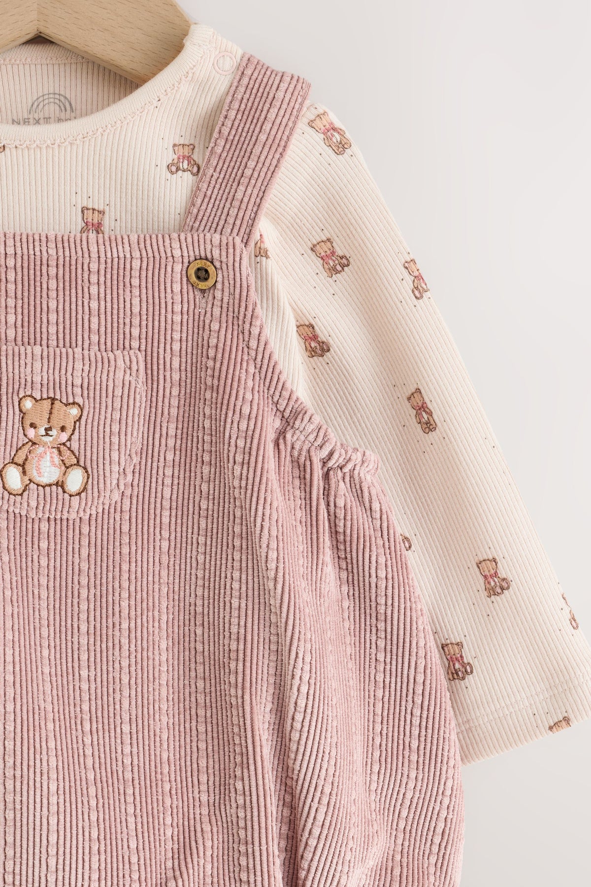 Pink Bear Cord Baby Long Sleeve Bodysuit, Romper And Tights 3 Piece Set - Pink, Newborn, First Size - 1.5-2 Yrs, NEXT - imagine 5
