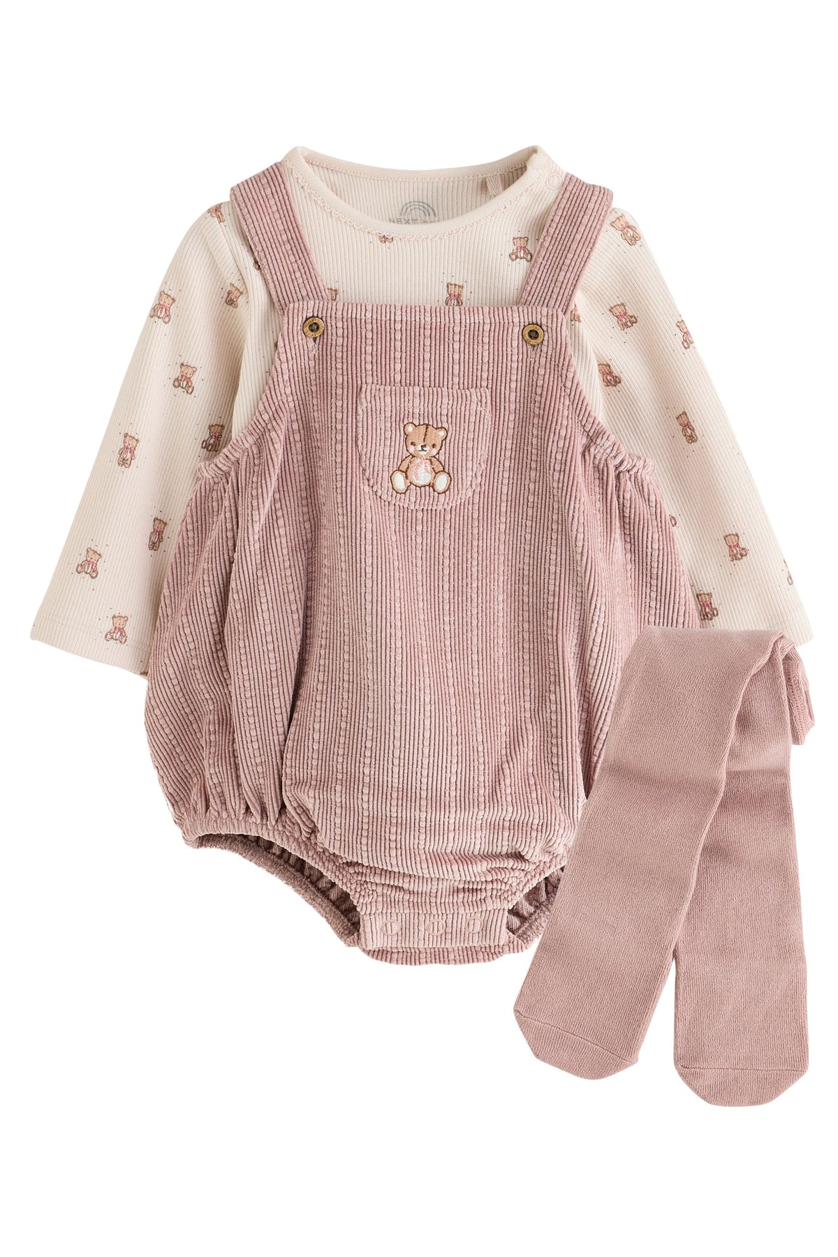 Pink Bear Cord Baby Long Sleeve Bodysuit, Romper And Tights 3 Piece Set - Pink, Newborn, First Size - 1.5-2 Yrs, NEXT - imagine 6