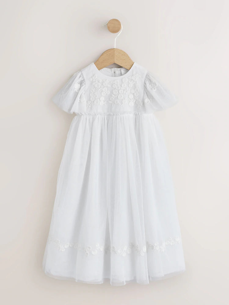 Rochie albă de ocazie pentru bebeluși, din plasă, cu broderie florală, NEXT