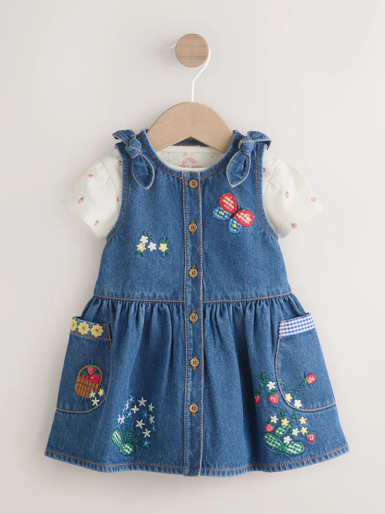 DENIM 2 PIECE PINAFORE SHORT SLEEVE BODYSUIT SET