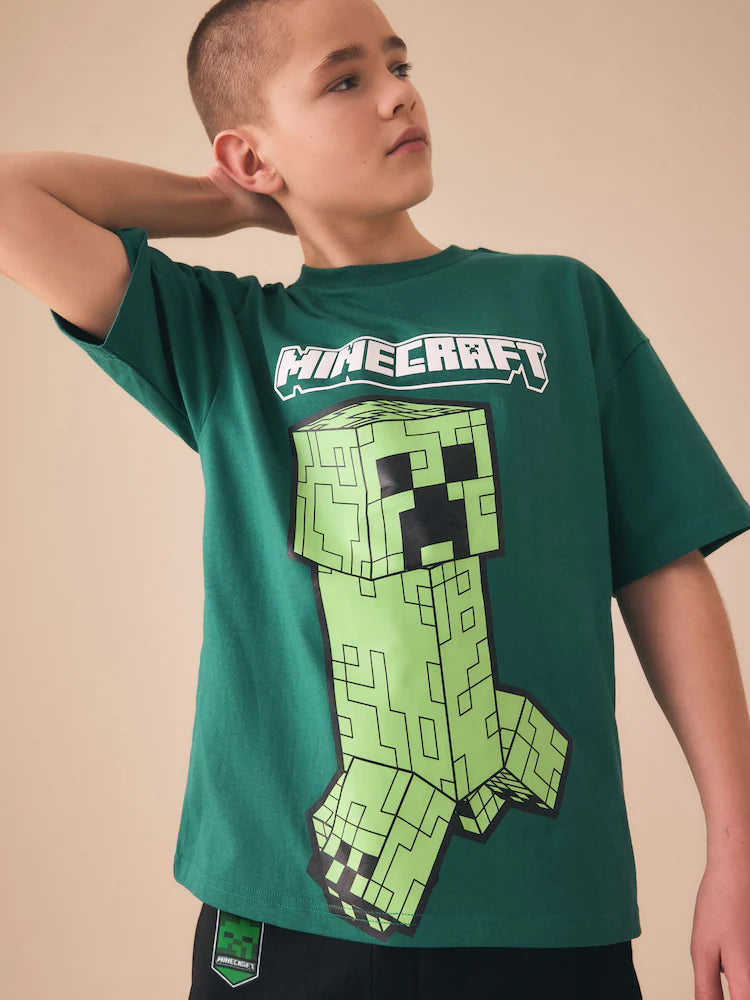 Set Minecraft cu tricou și pantaloni scurți - verde/negru, 3 ani - 16 ani, NEXT