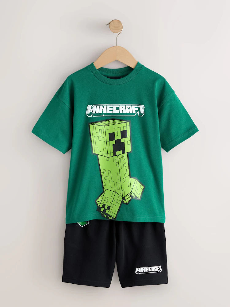 Set Minecraft cu tricou și pantaloni scurți - verde/negru, 3 ani - 16 ani, NEXT