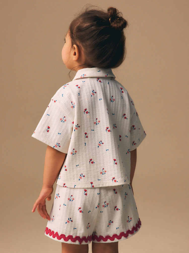 ECRU WHITE DITSY FLOWER SHORT SLEEVE BUTTON SHIRT AND SHORTS SET