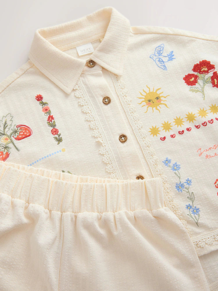 Set cu cămașă și pantaloni scurți cu broderie florală - crem, NEXT