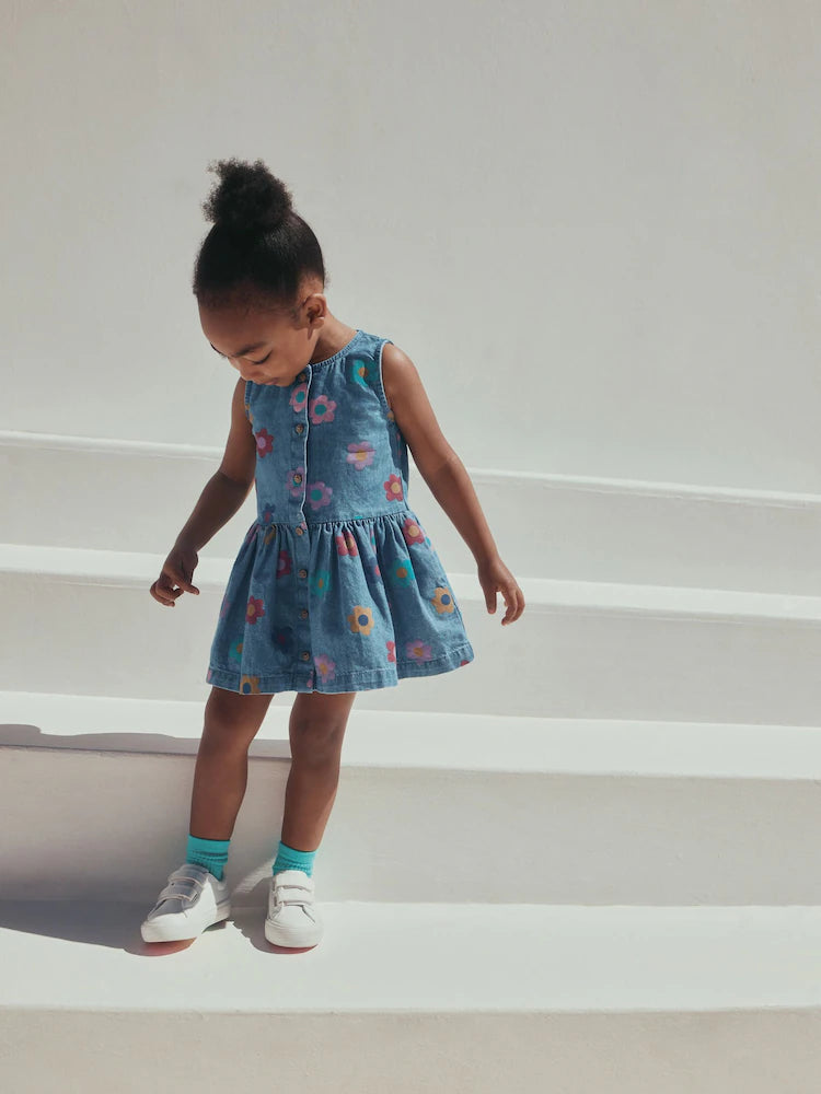 FLOWER PRINT SLEEVELESS DENIM DRESS