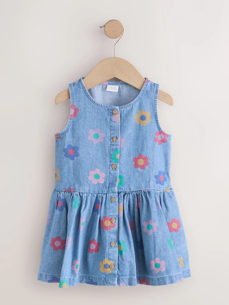 FLOWER PRINT SLEEVELESS DENIM DRESS