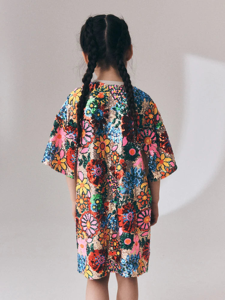 Rochie-tricou cu paiete și imprimeu floral – roz multicolor, fete, 3 ani - 14 ani, NEXT - imagine 3