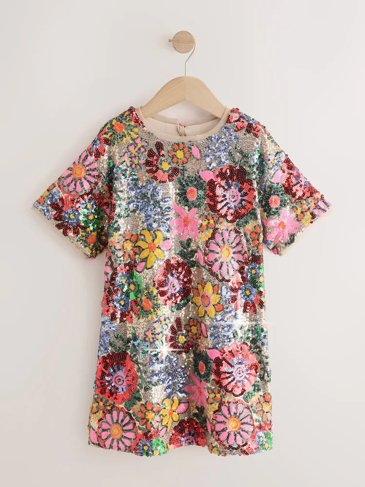 Rochie-tricou cu paiete și imprimeu floral – roz multicolor, fete, 3 ani - 14 ani, NEXT - imagine 5