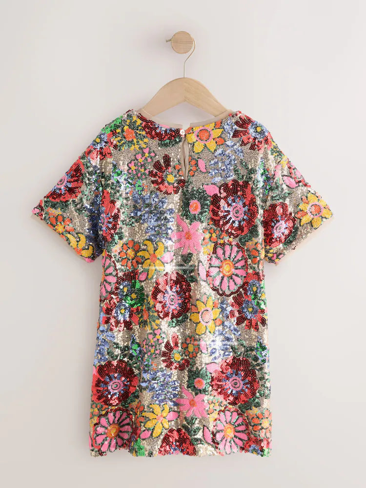 Rochie-tricou cu paiete și imprimeu floral – roz multicolor, fete, 3 ani - 14 ani, NEXT - imagine 6