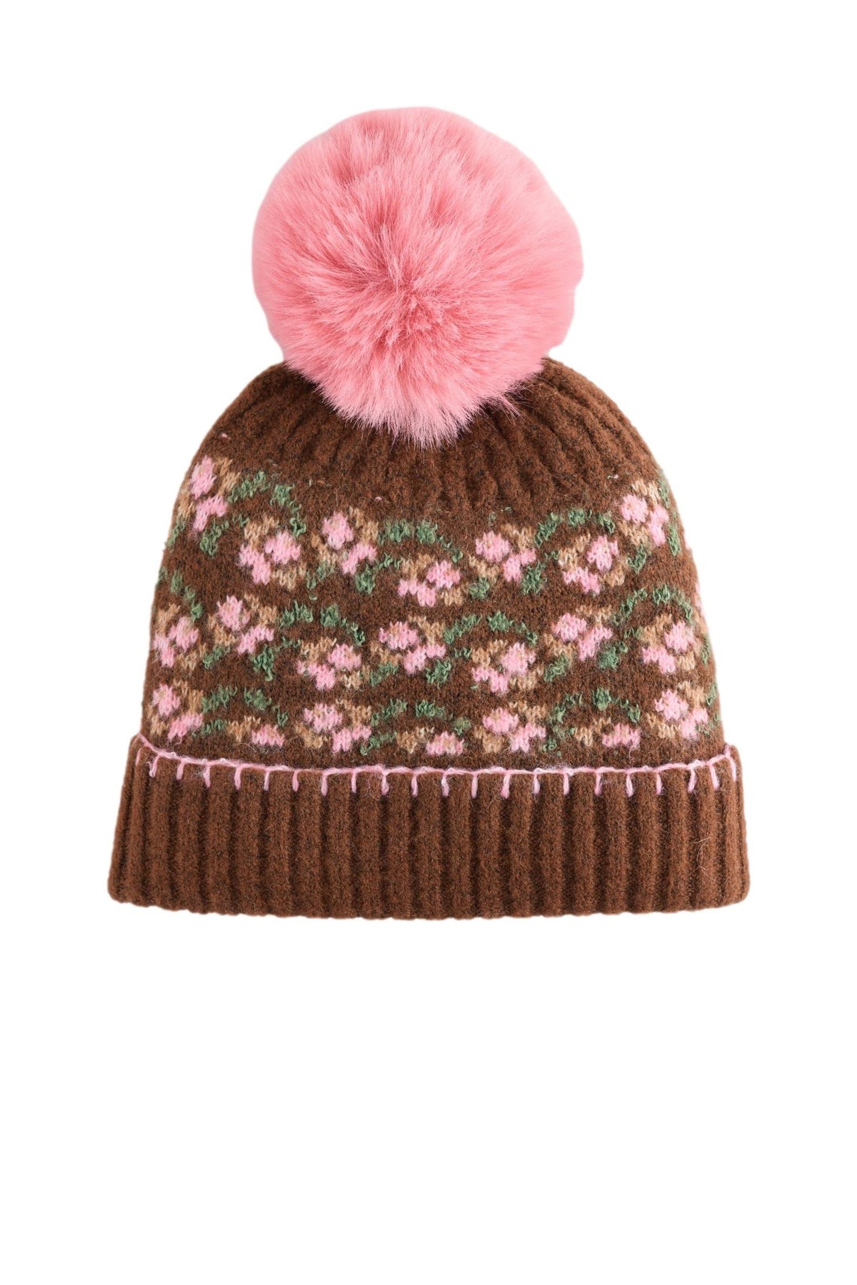 Brown/ Pink Floral Pom Beanie Hat - Brown, Girls, 1-2 Yrs - 11-13 Yrs, NEXT - imagine 4