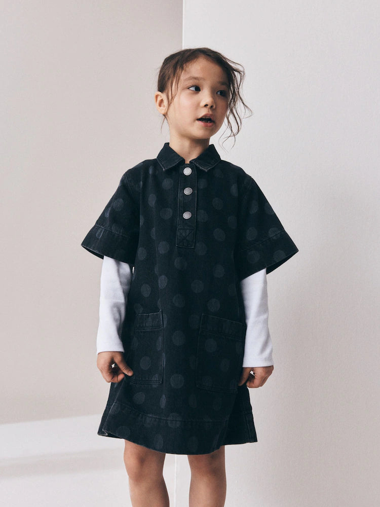 Rochie dreaptă din denim cu buline – negru, fete, 3 ani - 14 ani, NEXT