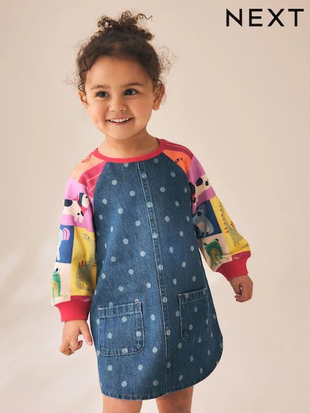 Rochie din denim cu mâneci raglan și animăluțe – albastru denim, fete, 3-6 luni - 5-6 ani, NEXT