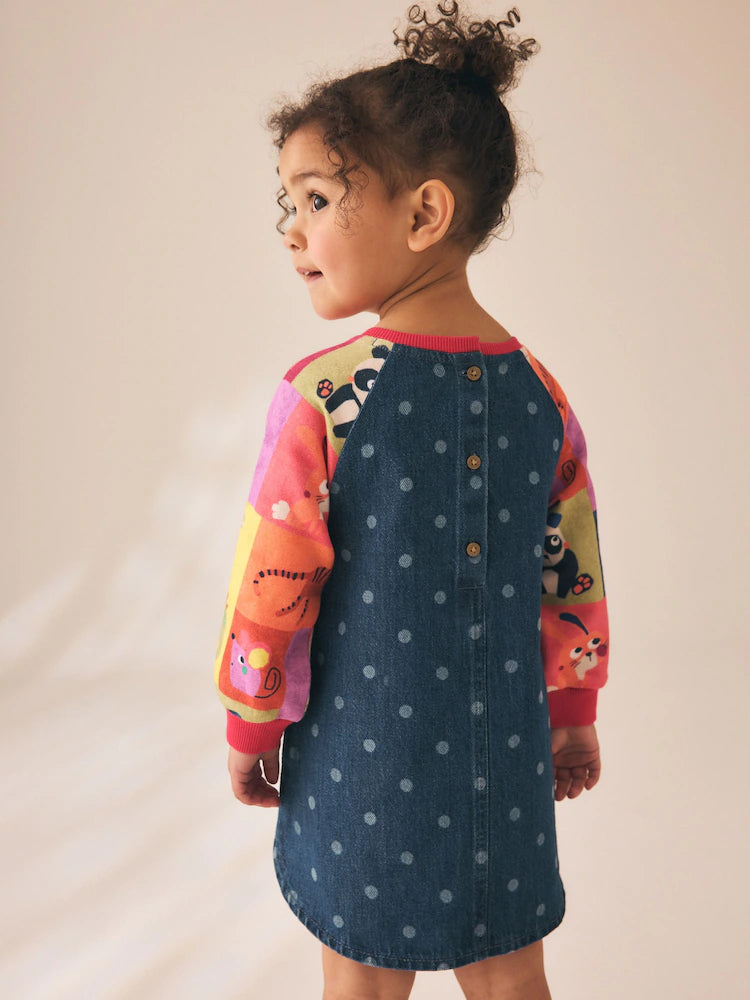 Rochie din denim cu mâneci raglan și animăluțe – albastru denim, fete, 3-6 luni - 5-6 ani, NEXT