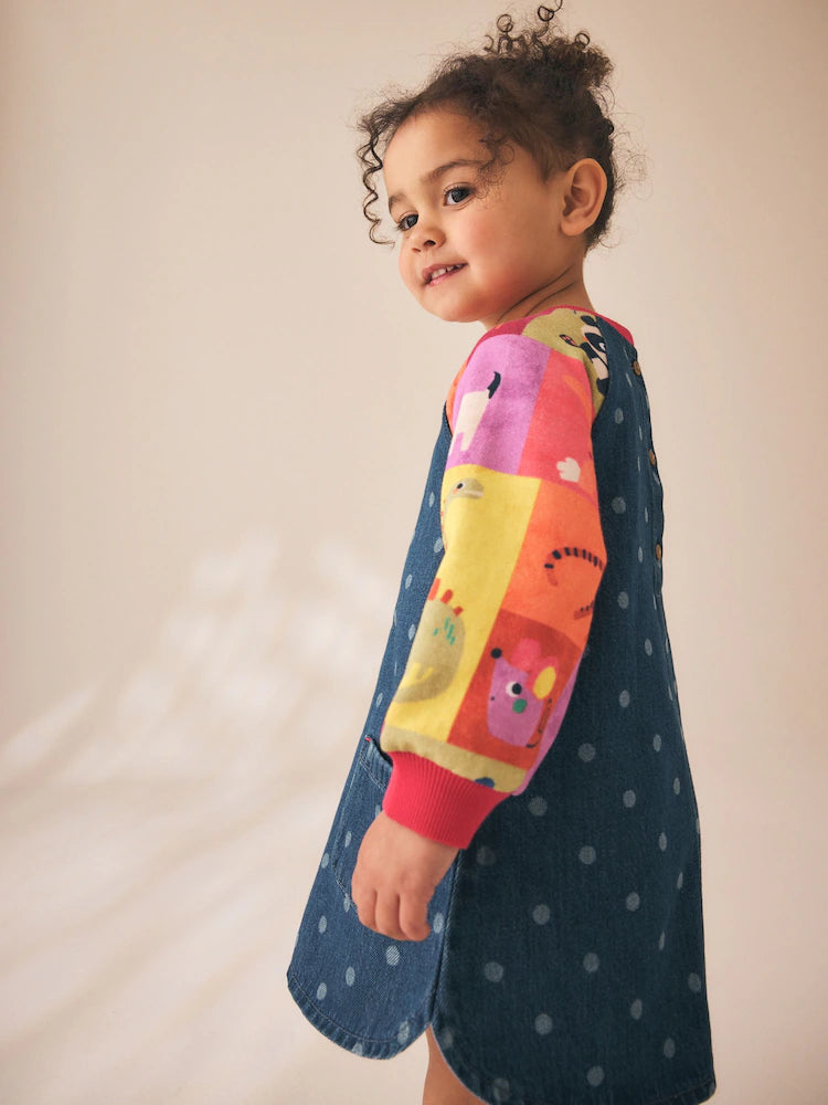 Rochie din denim cu mâneci raglan și animăluțe – albastru denim, fete, 3-6 luni - 5-6 ani, NEXT