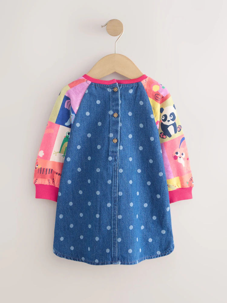 Rochie din denim cu mâneci raglan și animăluțe – albastru denim, fete, 3-6 luni - 5-6 ani, NEXT