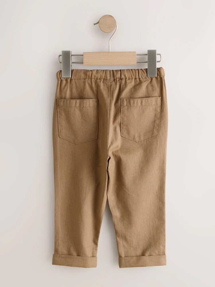 Set pantaloni din amestec de in, cu talie elastică – albastru/maro