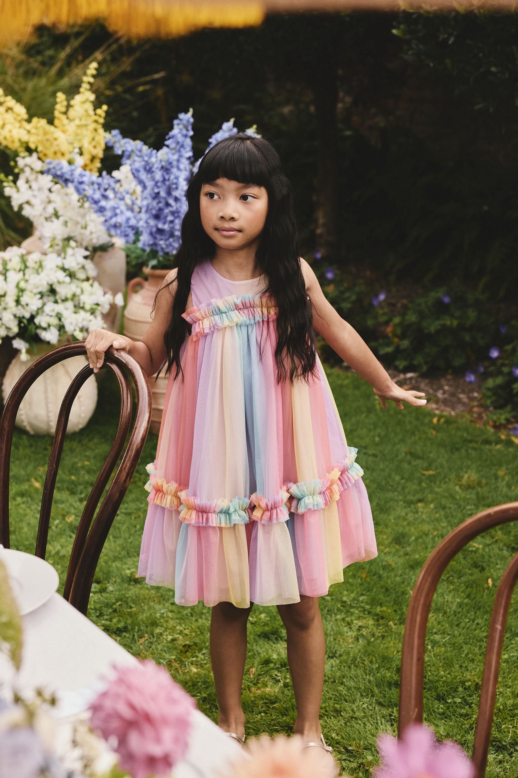 RAINBOW SLEEVELESS RUFFLE MESH PARTY DRESS