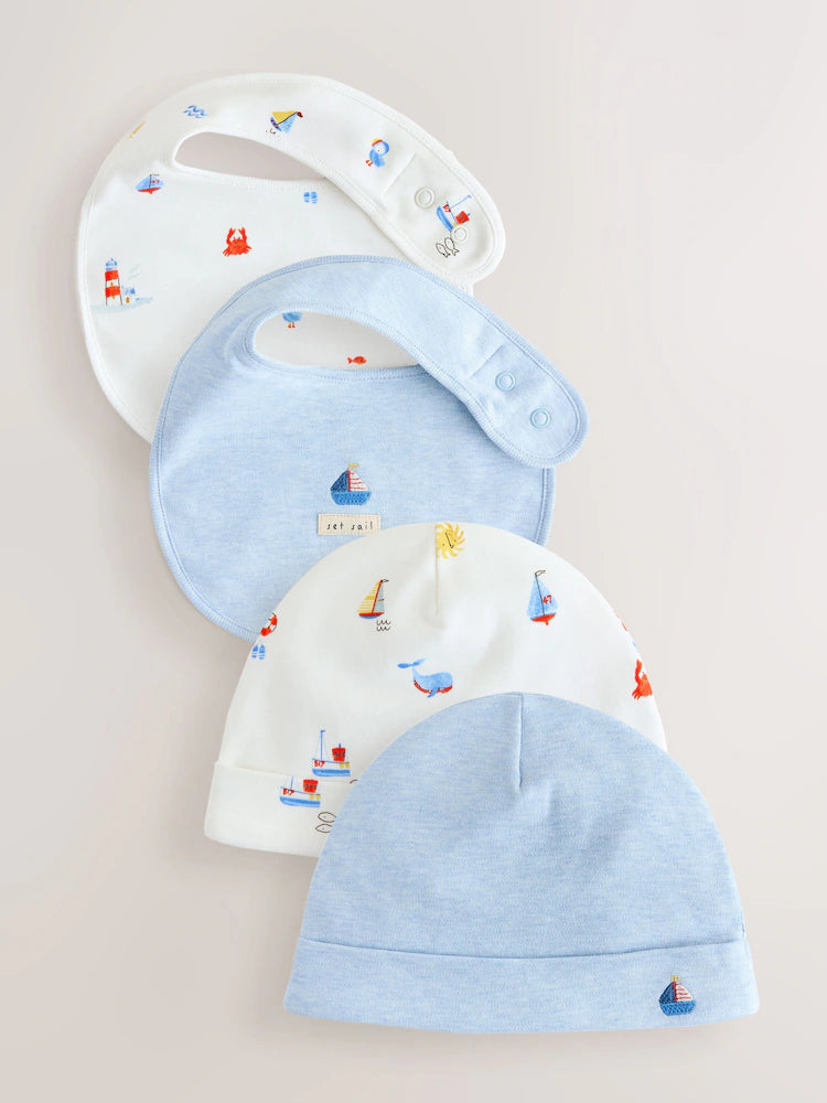 NAUTICAL THEMED 4-PIECE HAT AND BIB SET