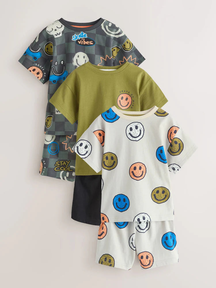 Set de 3 pijamale cu imprimeu „Happy Face” - negru/verde/gri, NEXT
