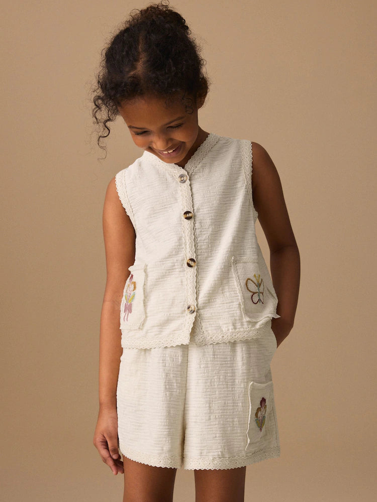 CREAM EMBROIDERED WAISTCOAT SHORTS SET