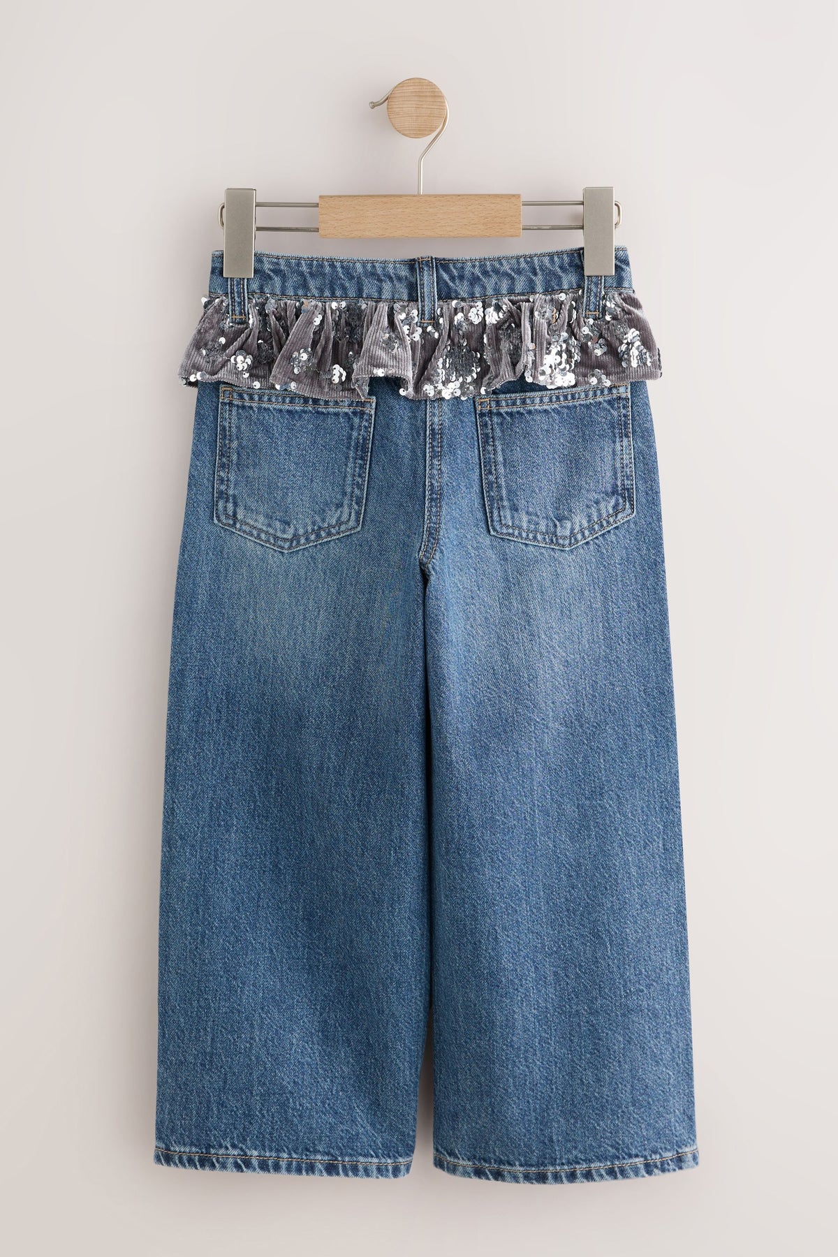 Blugi cu crac larg, cu peplum și paiete – albastru denim, fete, 3 ani - 16 ani, NEXT - imagine 8