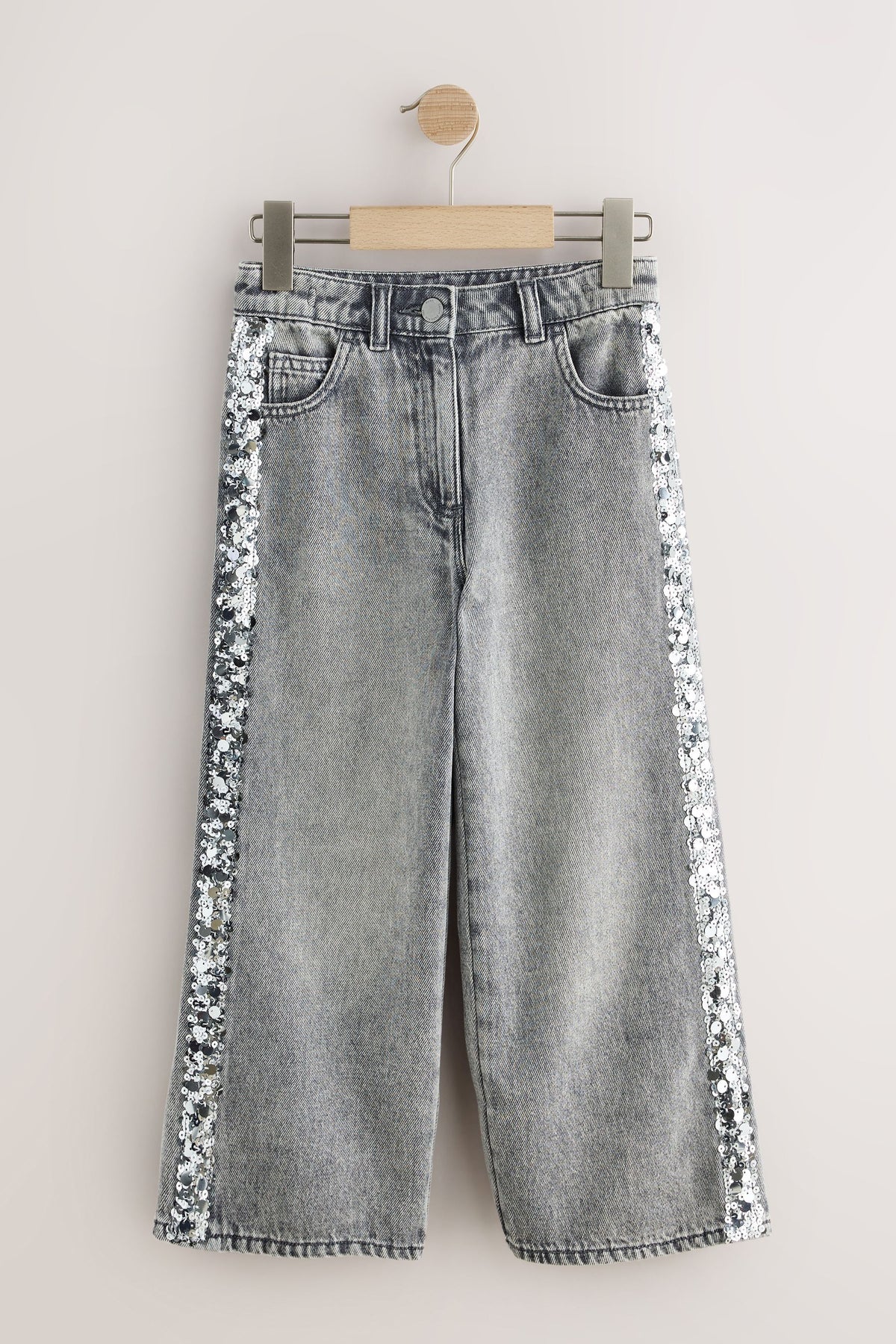 Jeans lățit cu bandă laterală din paiete gri/silver - denim albastru, fete, 3 ani - 16 ani, NEXT - imagine 5