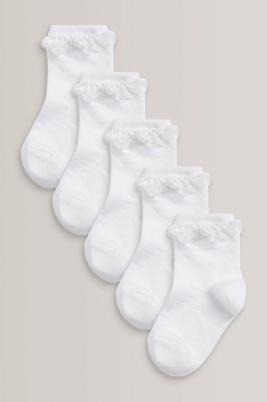 Set 5 șosete până la gleznă din bumbac cu ruffle – albe, fete, NEXT
