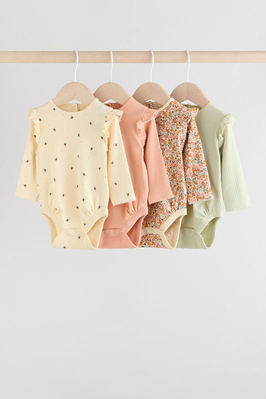 Set 4 body-uri pentru bebeluși cu mânecă lungă și volane – albastru/crem/coral ditsy, NEXT
