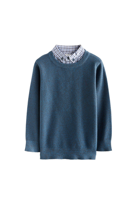 Set cu pulover din bumbac 100% și efect cămașă gingham – bleumarin, băieți, 3 ani - 16 ani, NEXT