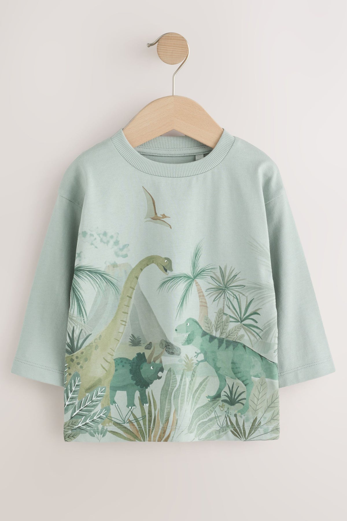 Tricou cu mânecă lungă cu imprimeu dinozaur în acuarelă verde deschis - Verde deschis, Băieți, 3-6 luni - 6-7 ani, NEXT