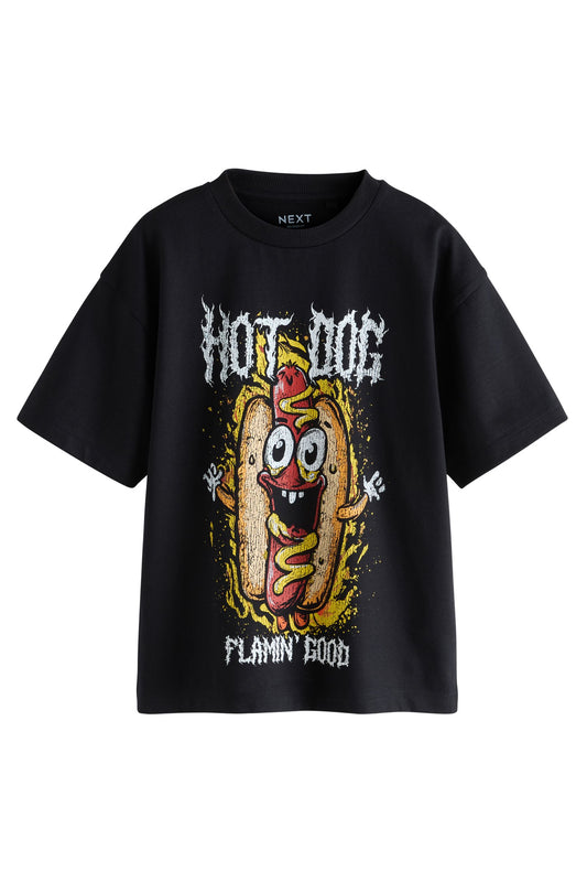 Tricou cu mânecă scurtă și imprimeu cu hot dog – negru, băieți, 3 ani - 14 ani, NEXT