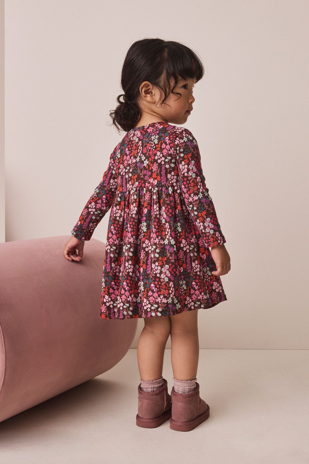 Burgundy Red Ditsy Floral Long Sleeve Ribbed Dress - Burgundy Red, Girls, 3-6 Mths - 6-7 Yrs, NEXT - imagine 2