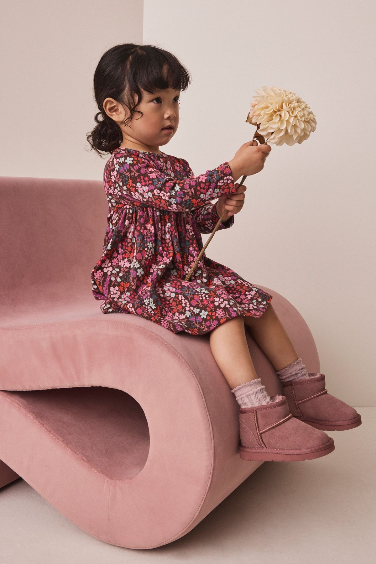 Burgundy Red Ditsy Floral Long Sleeve Ribbed Dress - Burgundy Red, Girls, 3-6 Mths - 6-7 Yrs, NEXT - imagine 4