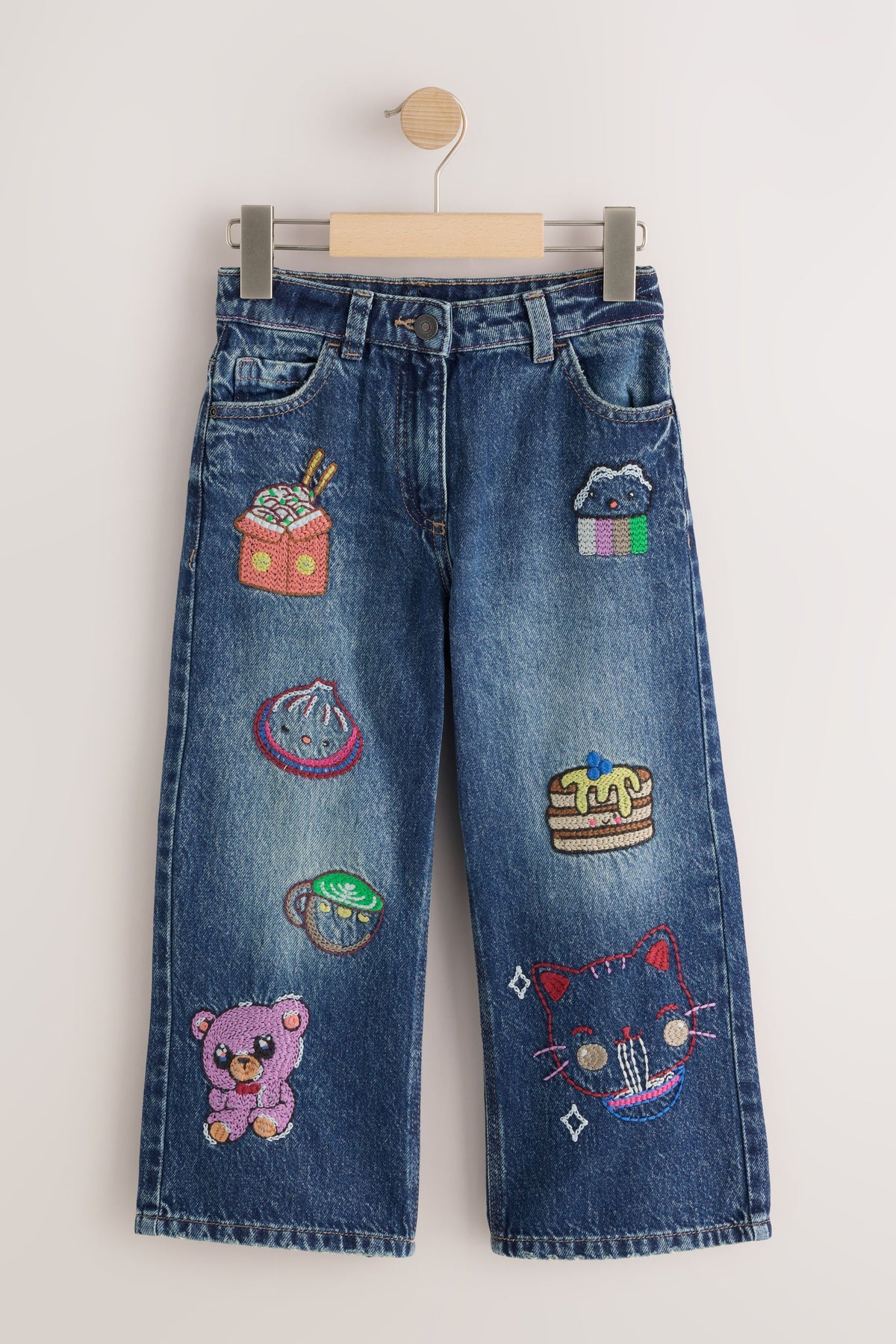 Jeans cu picioare largi brodați - Denim Albastru, Fete, 3 ani - 16 ani, NEXT