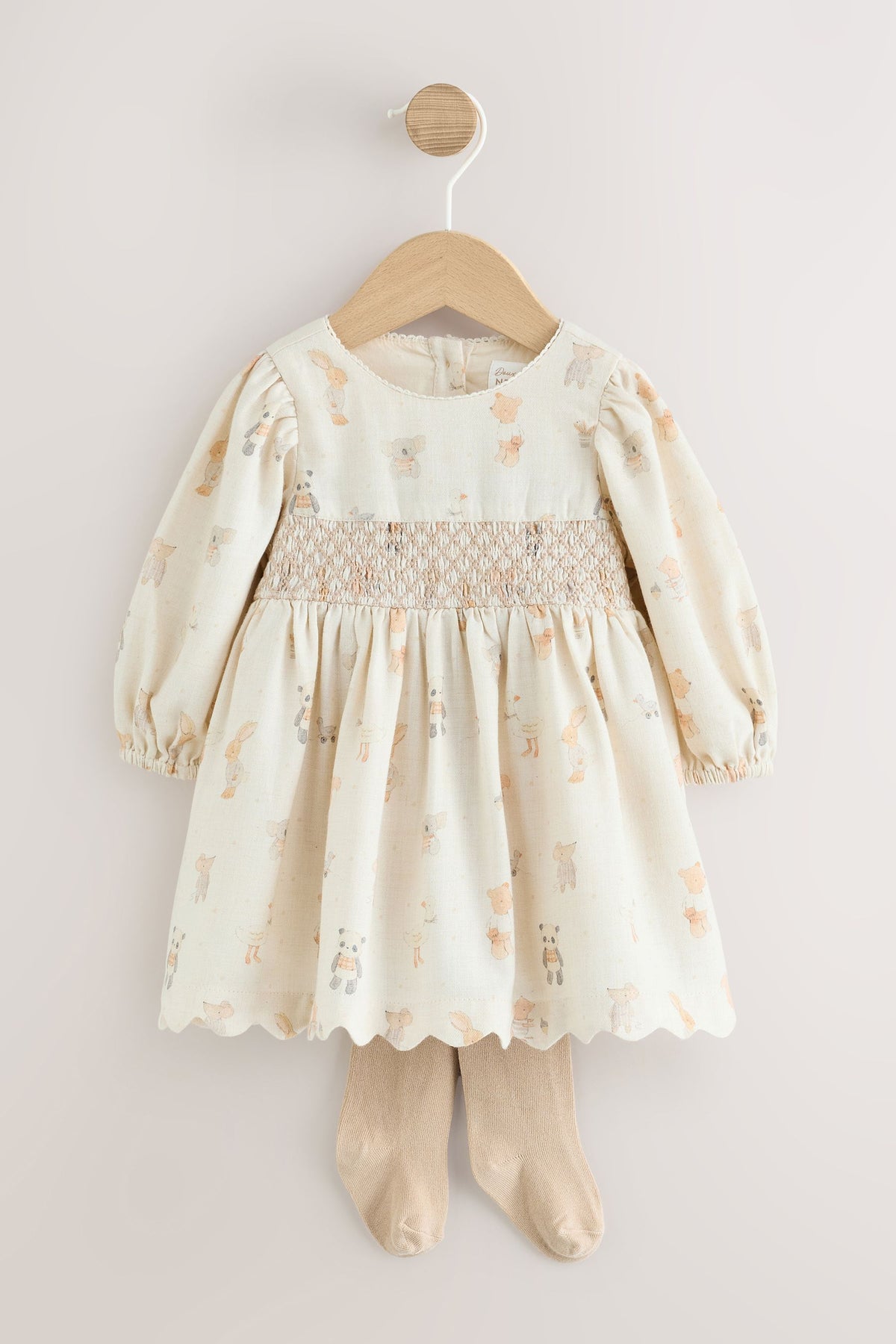 Ecru Animal Baby Smock Dress And Tights Set 2 Piece - Ecru, Newborn, Up To 1Mth - 1.5-2 Yrs, NEXT