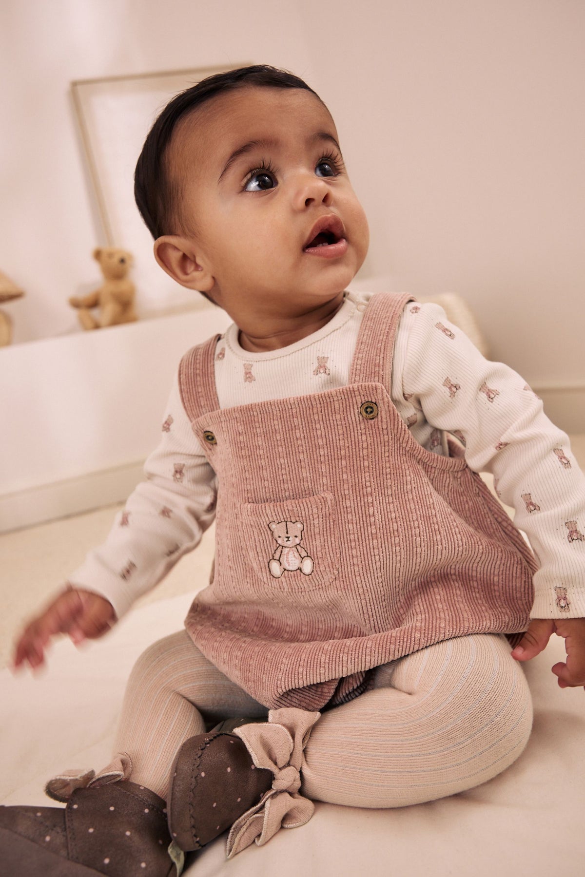 Pink Bear Cord Baby Long Sleeve Bodysuit, Romper And Tights 3 Piece Set - Pink, Newborn, First Size - 1.5-2 Yrs, NEXT