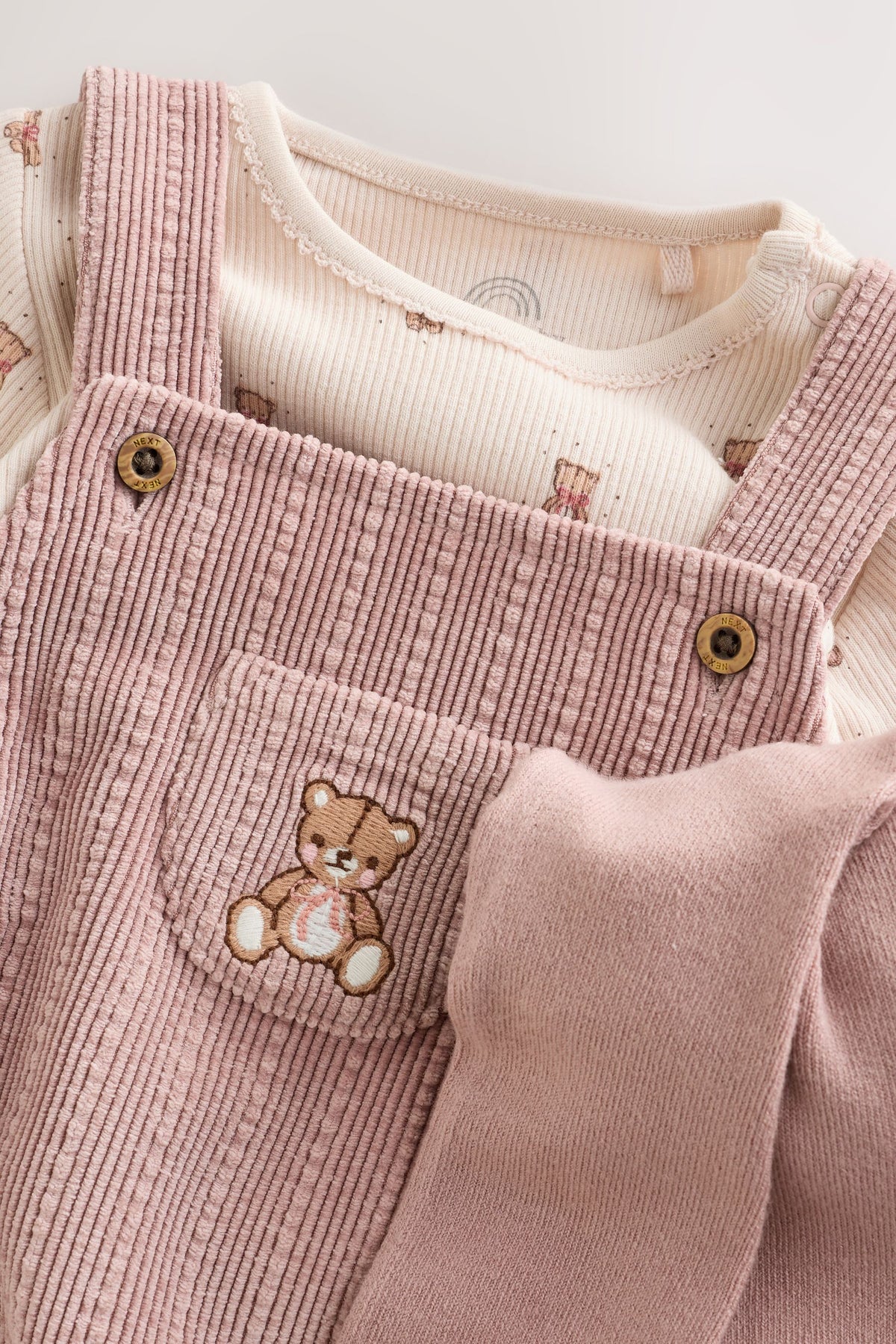 Pink Bear Cord Baby Long Sleeve Bodysuit, Romper And Tights 3 Piece Set - Pink, Newborn, First Size - 1.5-2 Yrs, NEXT - imagine 7