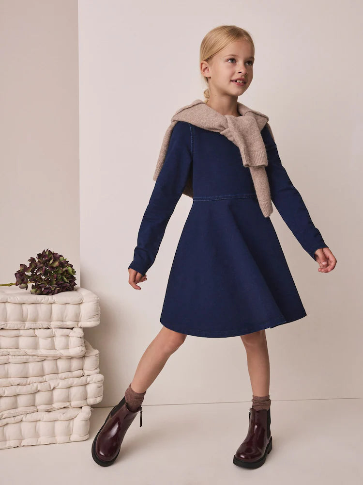 Rochie skater cu mânecă lungă – albastru indigo, fete, 3 ani - 14 ani, NEXT