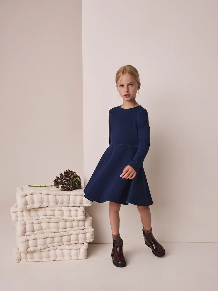Rochie skater cu mânecă lungă – albastru indigo, fete, 3 ani - 14 ani, NEXT