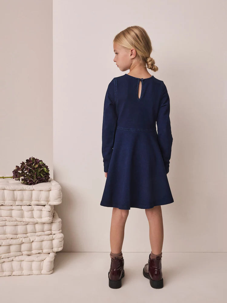 Rochie skater cu mânecă lungă – albastru indigo, fete, 3 ani - 14 ani, NEXT