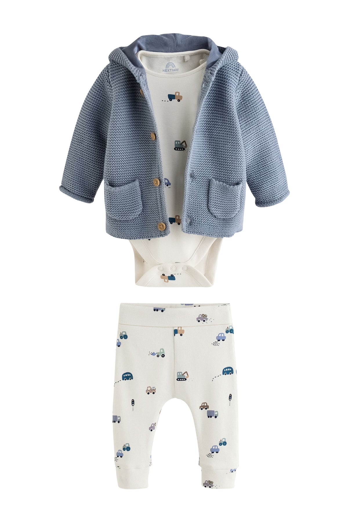 Set cu cardigan tricotat cu vehicule, body și colanți, pentru bebeluși – albastru, nou-născuți, până la 1 lună - 1,5-2 ani, NEXT - imagine 4