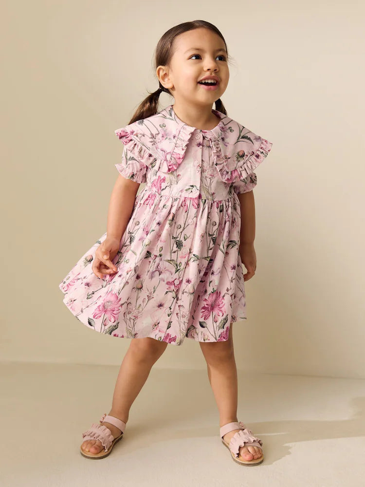 Rochie cu imprimeu floral, cu mânecă scurtă și guler, NEXT