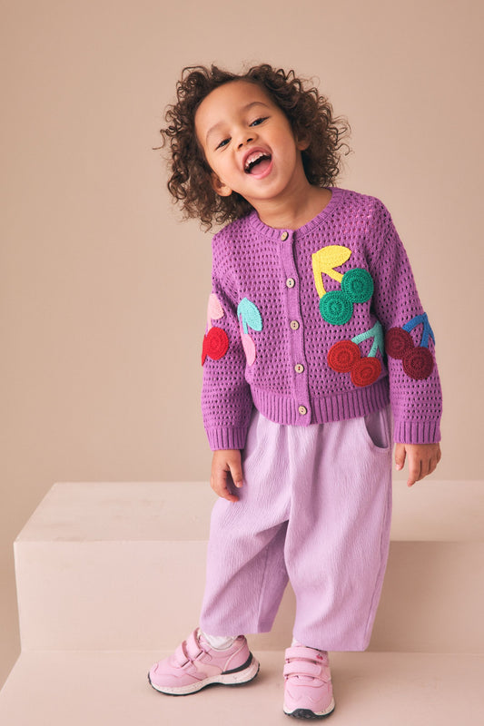 Cardigan crochet, cu cireșe – mov, fete, 3-6 luni - 6-7 ani, NEXT