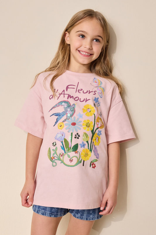 Tricou cu imprimeu grafic floral roz și paiete, fete, 3 ani - 16 ani, NEXT