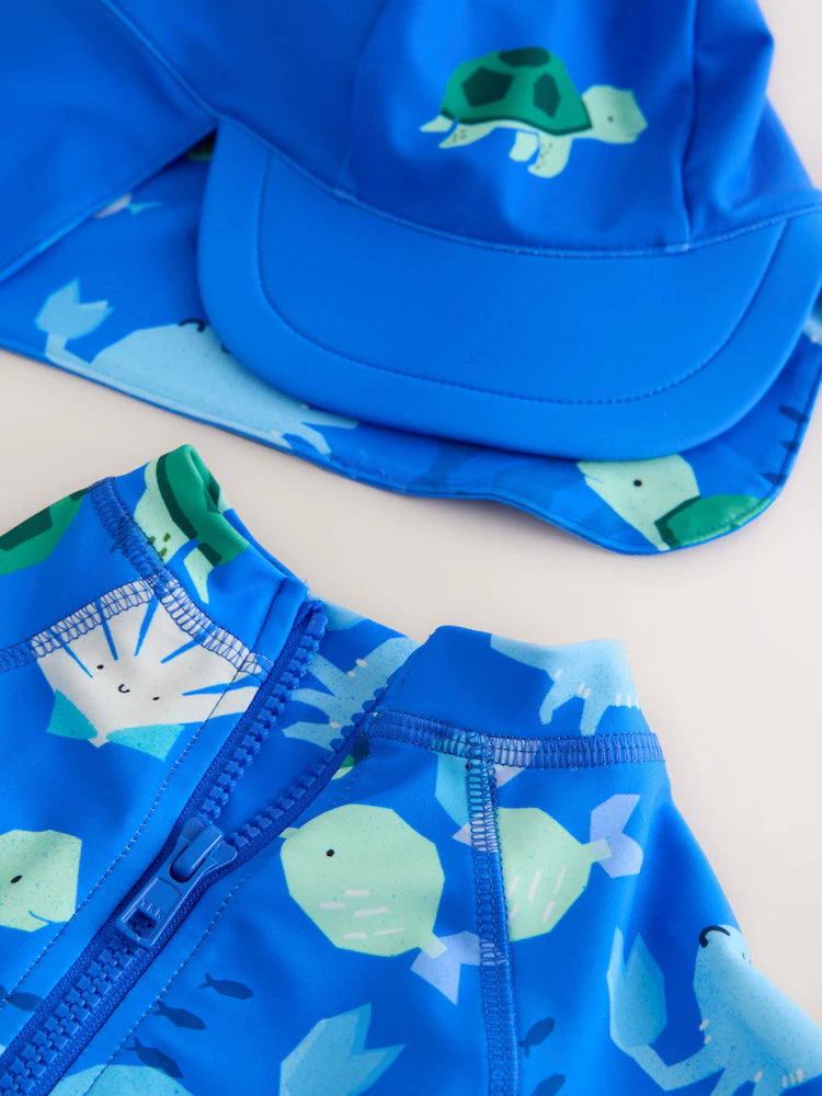 BLUE SUNSAFE SWIMSUIT AND HAT SET