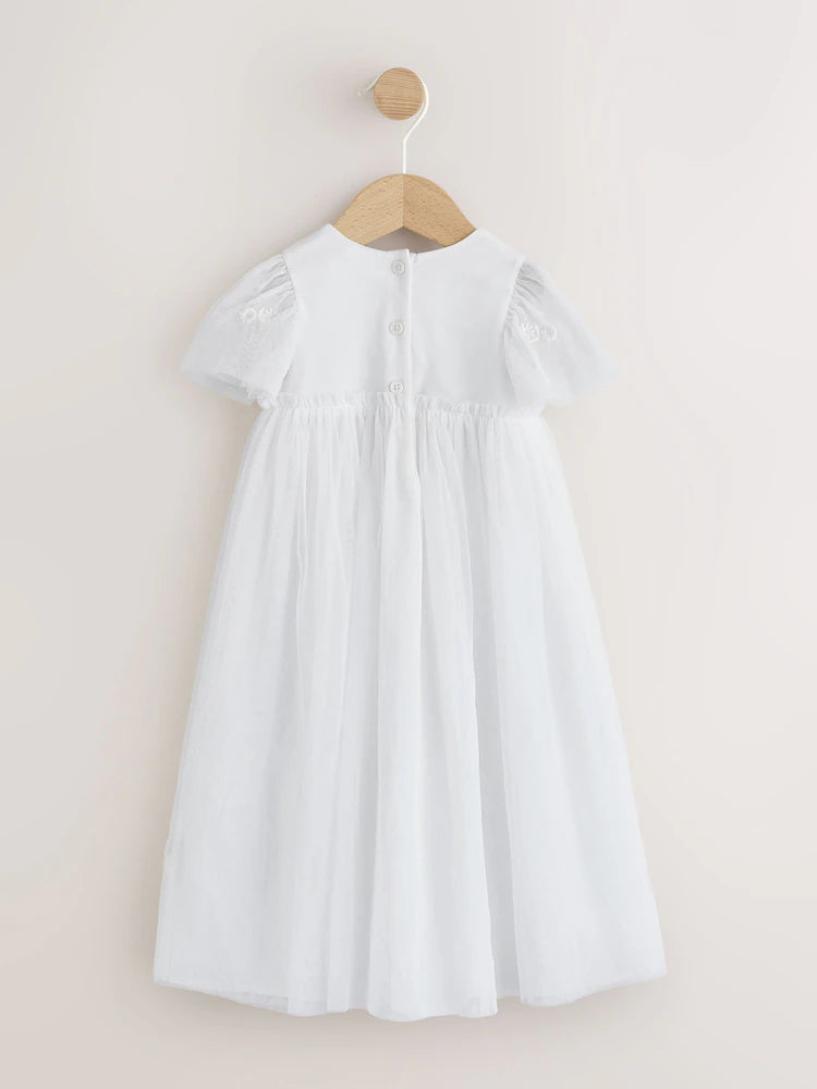 Rochie albă de ocazie pentru bebeluși, din plasă, cu broderie florală, NEXT
